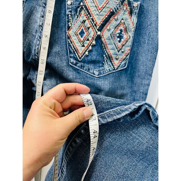 Zenim Denim Western Embroidered Back Pockets Slight Flared Mid Rise Jeans SZ 14 - Picture 9 of 11